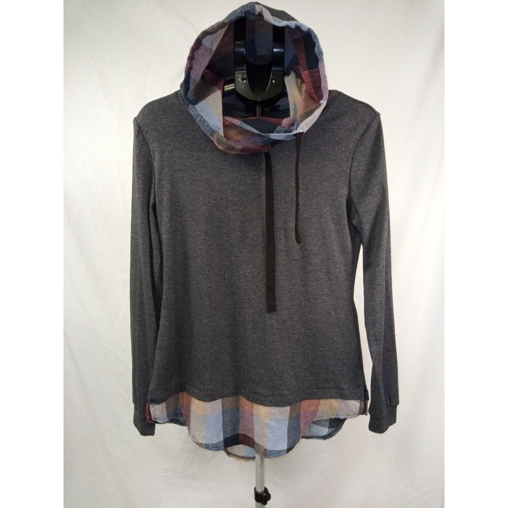 DJT Women's Long Sleeve Hooded Grey/Blue Plaid Lined Top Size Medium
